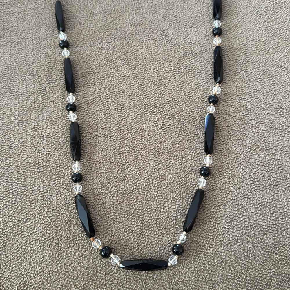 Vintage Handmade Black Beaded Vintage Crystal 48” Necklace (TD)